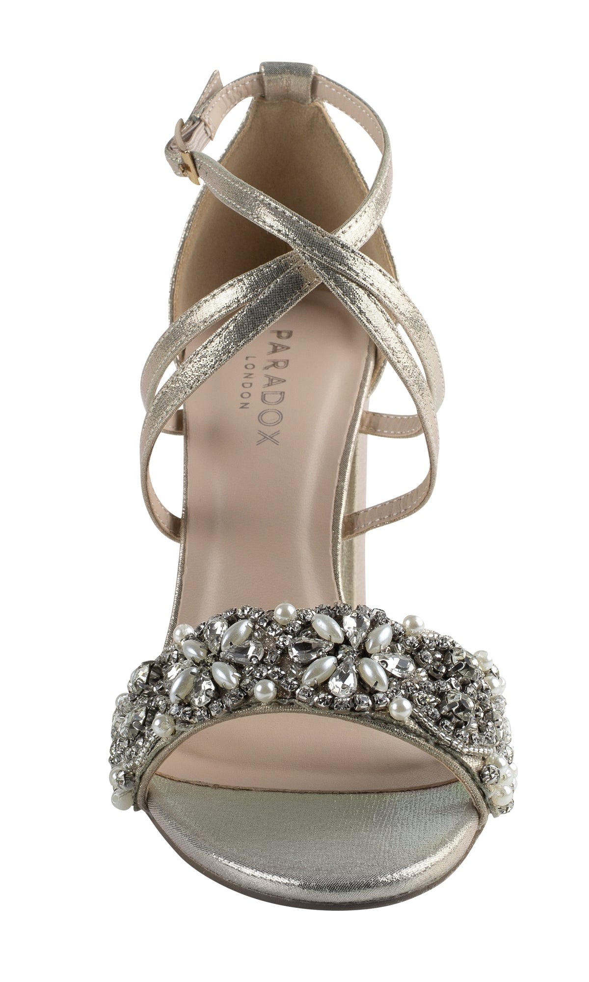 The Hira Champagne Prom Shoes: Paradox London P2102 feature a metallic low heel, open toe, ankle straps, and a pearl- and rhinestone-decorated toe band—perfect jeweled block heels for prom.